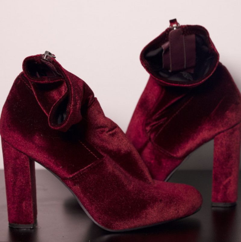 Maroon Velvet High Heel Boots