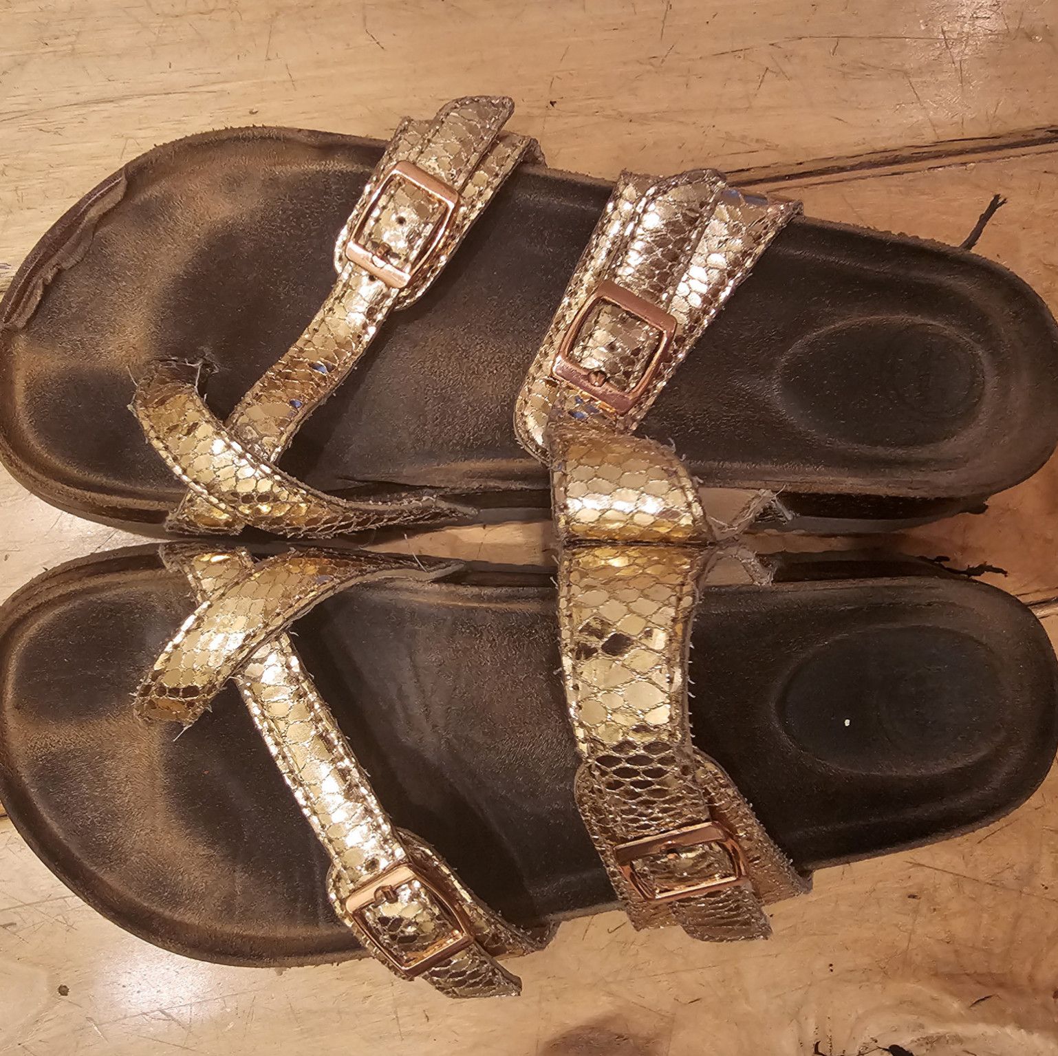 Worn Birkenstock Style Sandals Gold