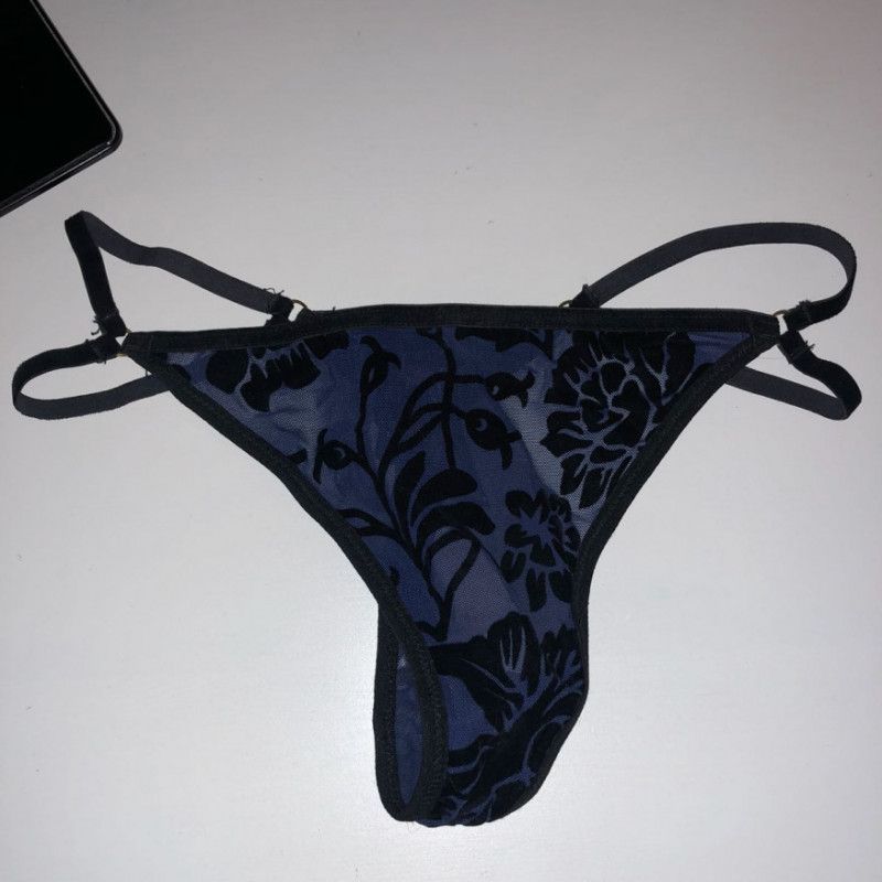 BlueBlack Velvet Mesh Double Strap Thong