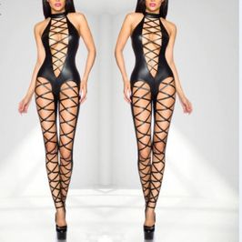 Erotic jumpsuit lacing leather latex