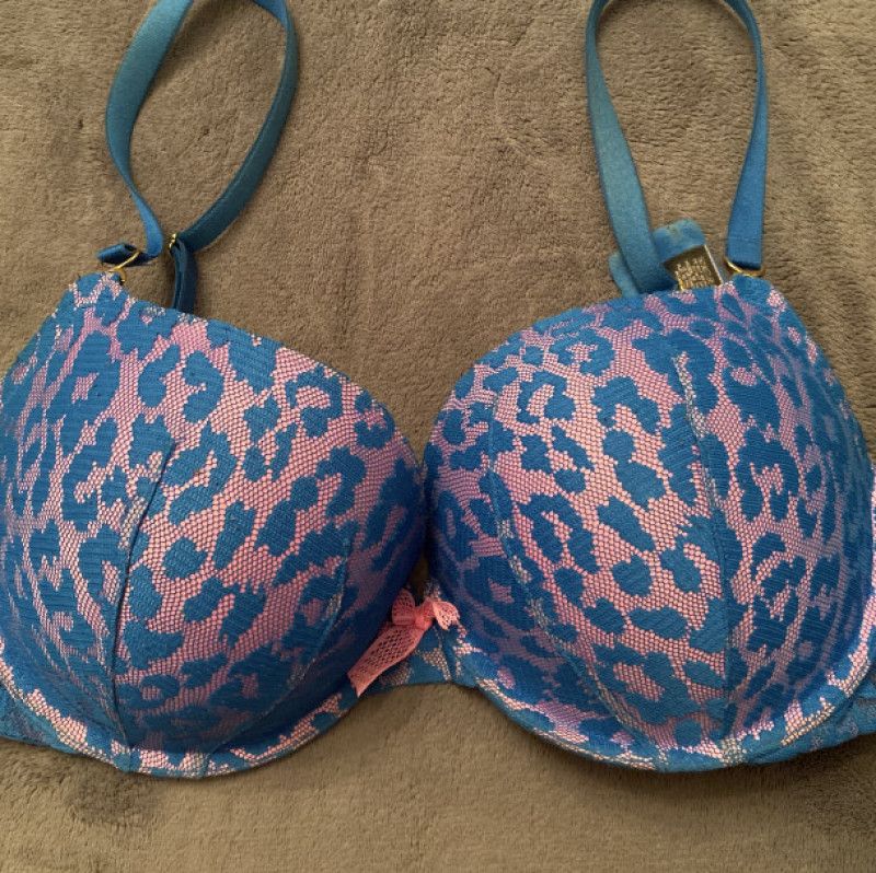 Blue lace over pink Victorias Secret Bra