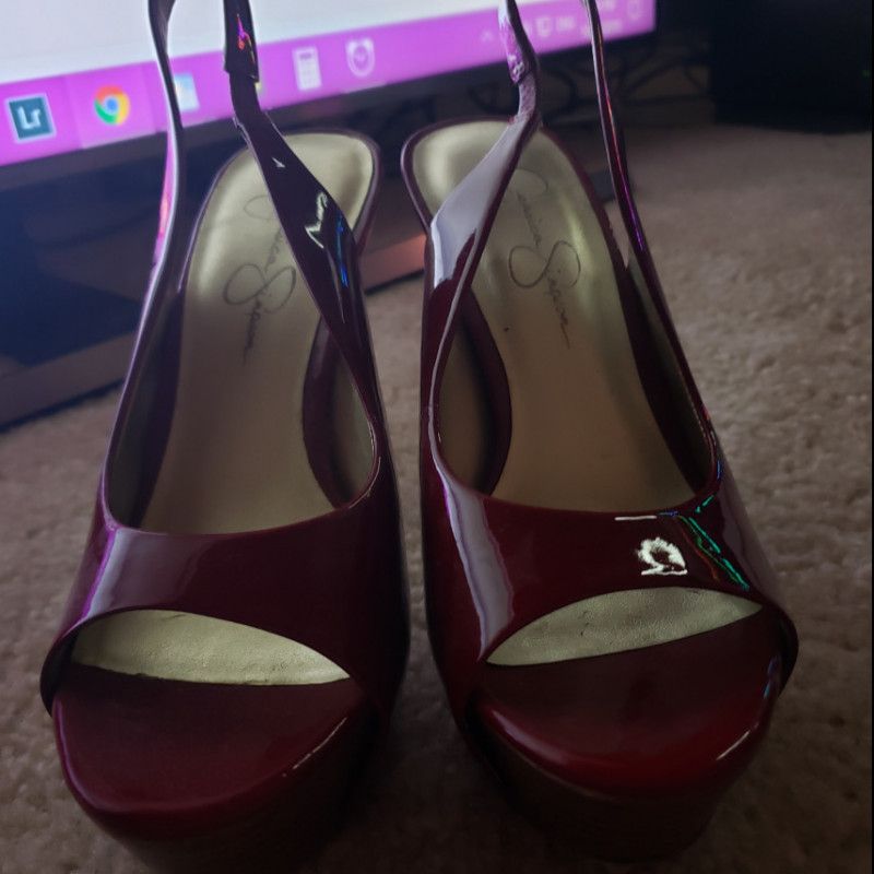 Dark red pleather cork heels