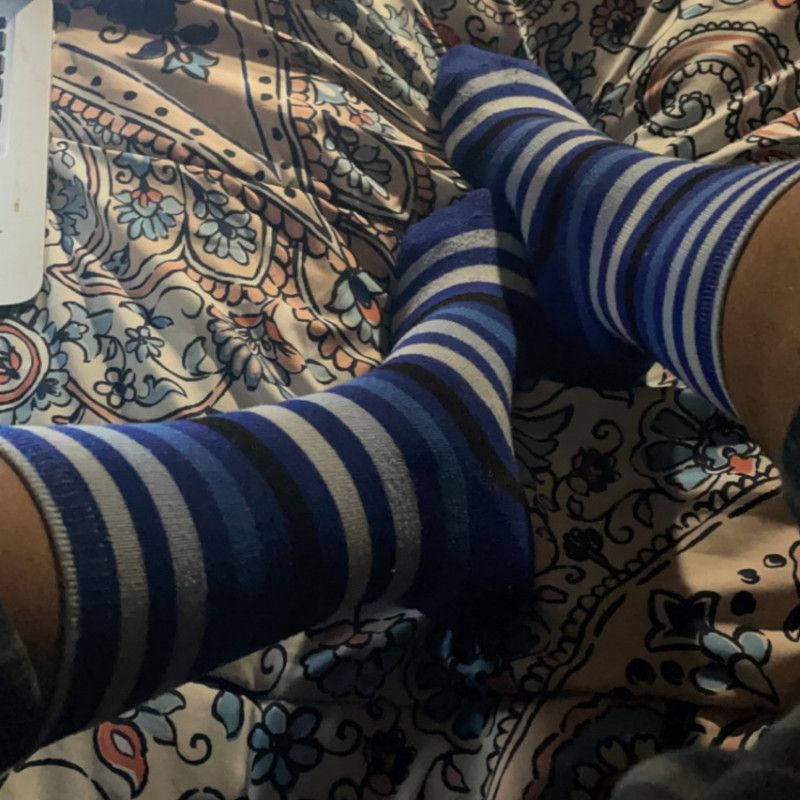 Worn blue striped socks