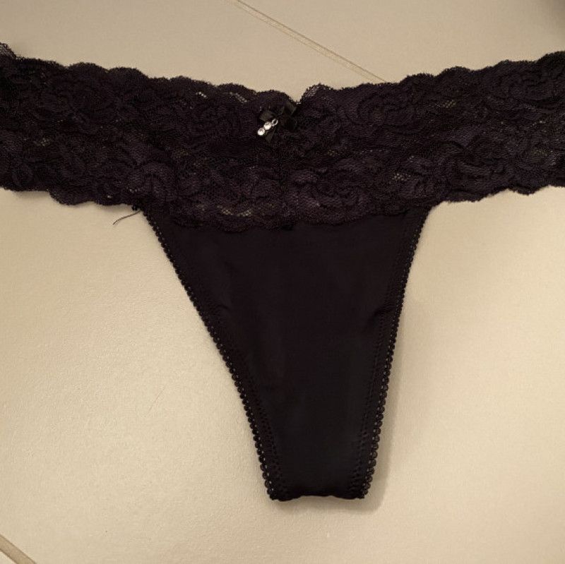 Black satin lace thong