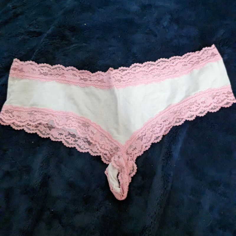 Used White Cotton Boyshort Panties with Pink Lace Trim