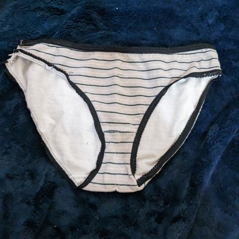 Used Striped Grey Cotton Bikini Panties with Black Trim