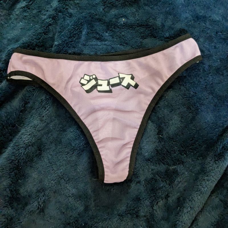 Used Pink and Black Mesh Thong with Japanese Script