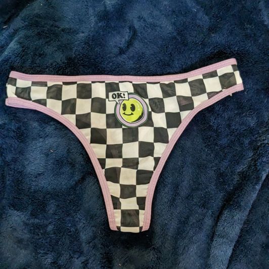 Used Black and White Checkers with Purple Trim Mesh Thong