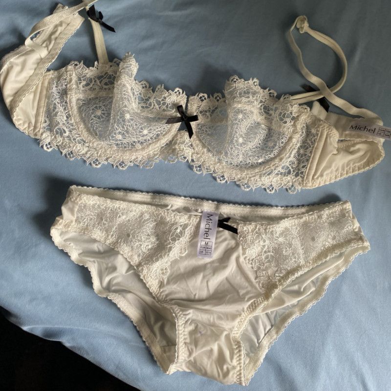 Dainty white silk lace bra panty set