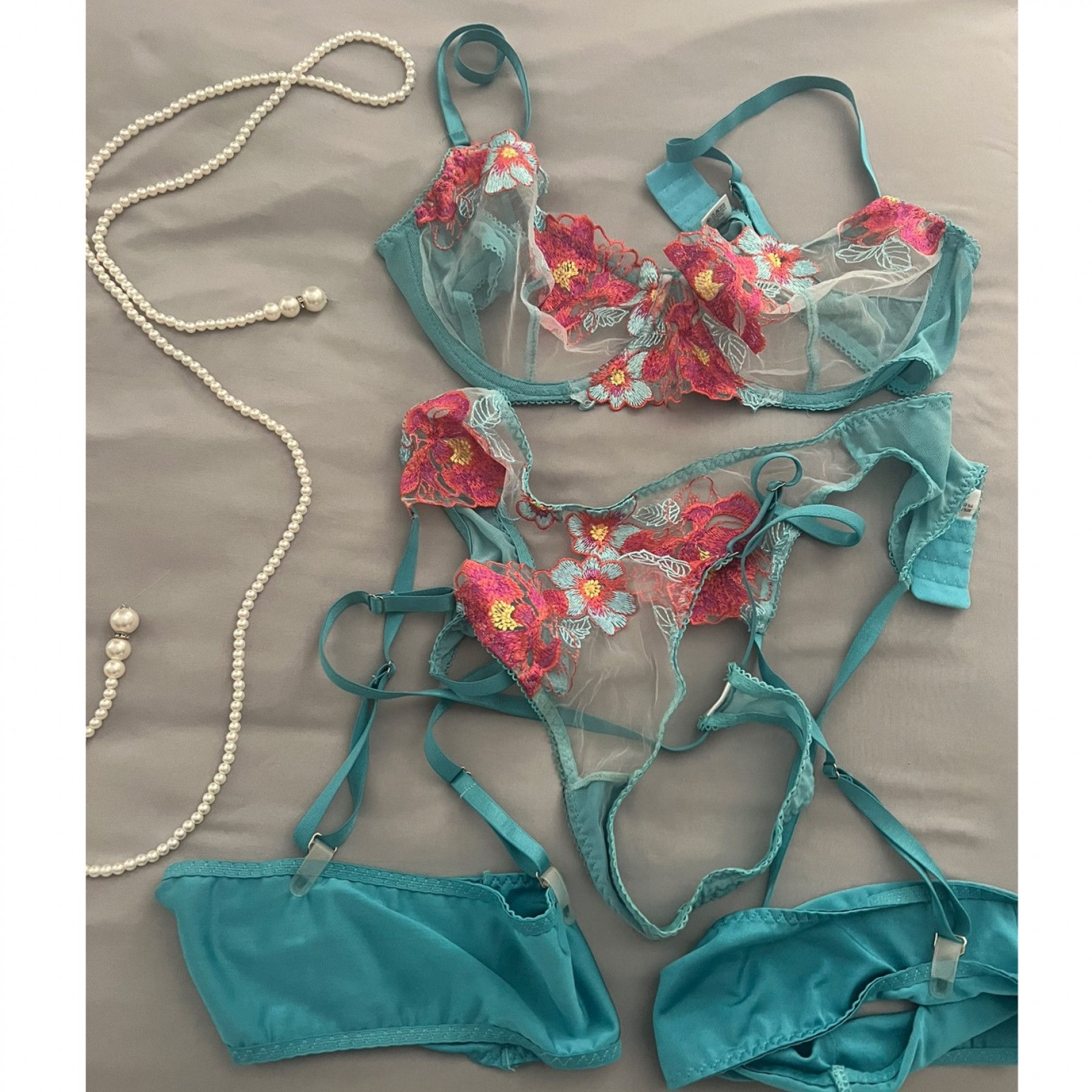 3 piece floral blue lingerie