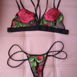 black lingerie with red roses