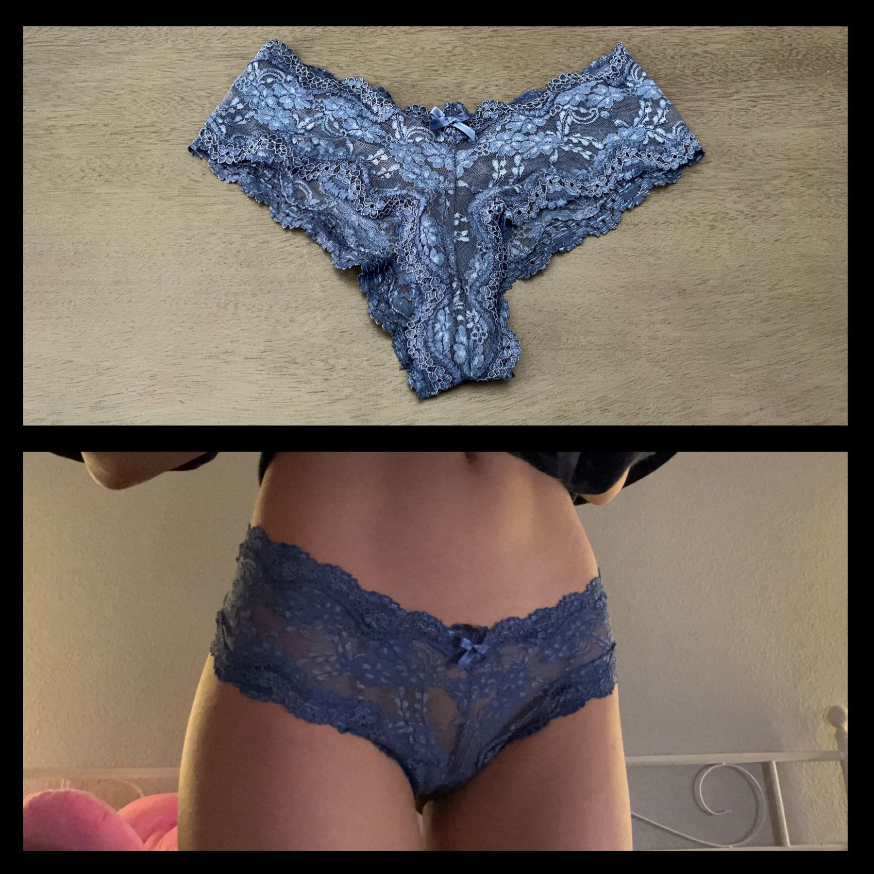 blue lace sheer bow cheeky thong