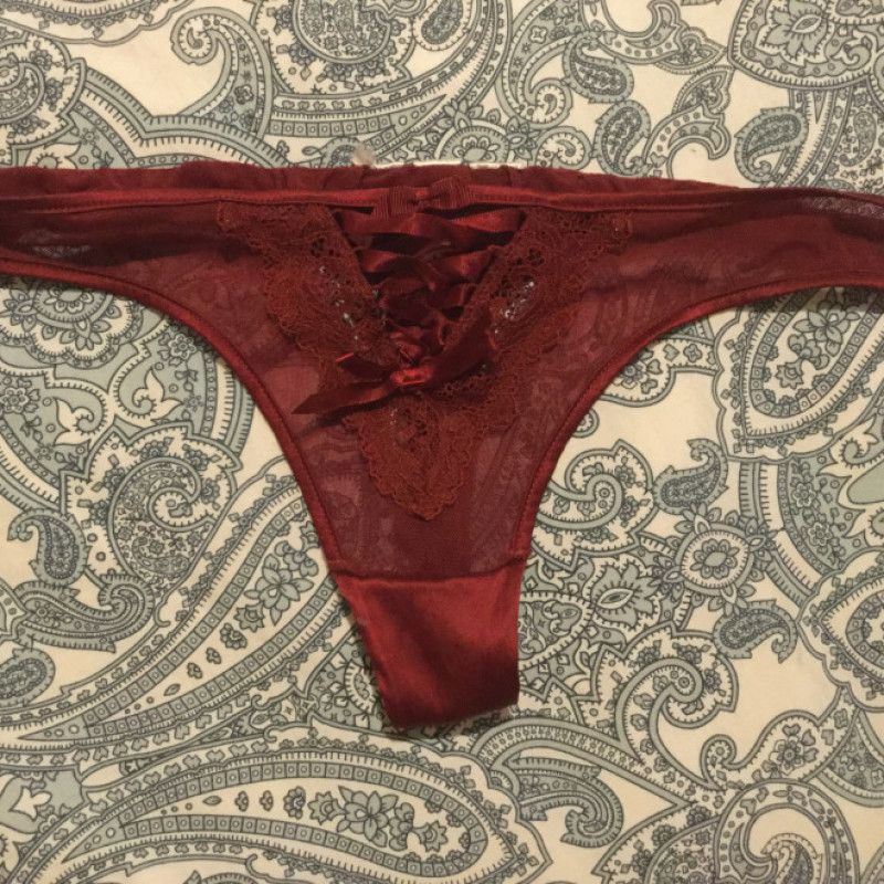 Red ribbon and lace thong panties