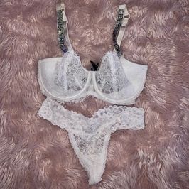 white VS shine strap Bra an Lace panty Set