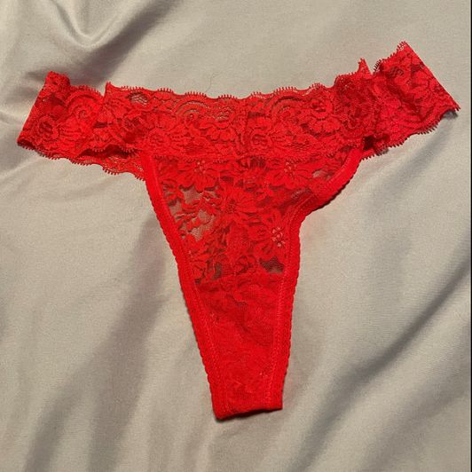 Worn Red Lace Thong with Photos and Note