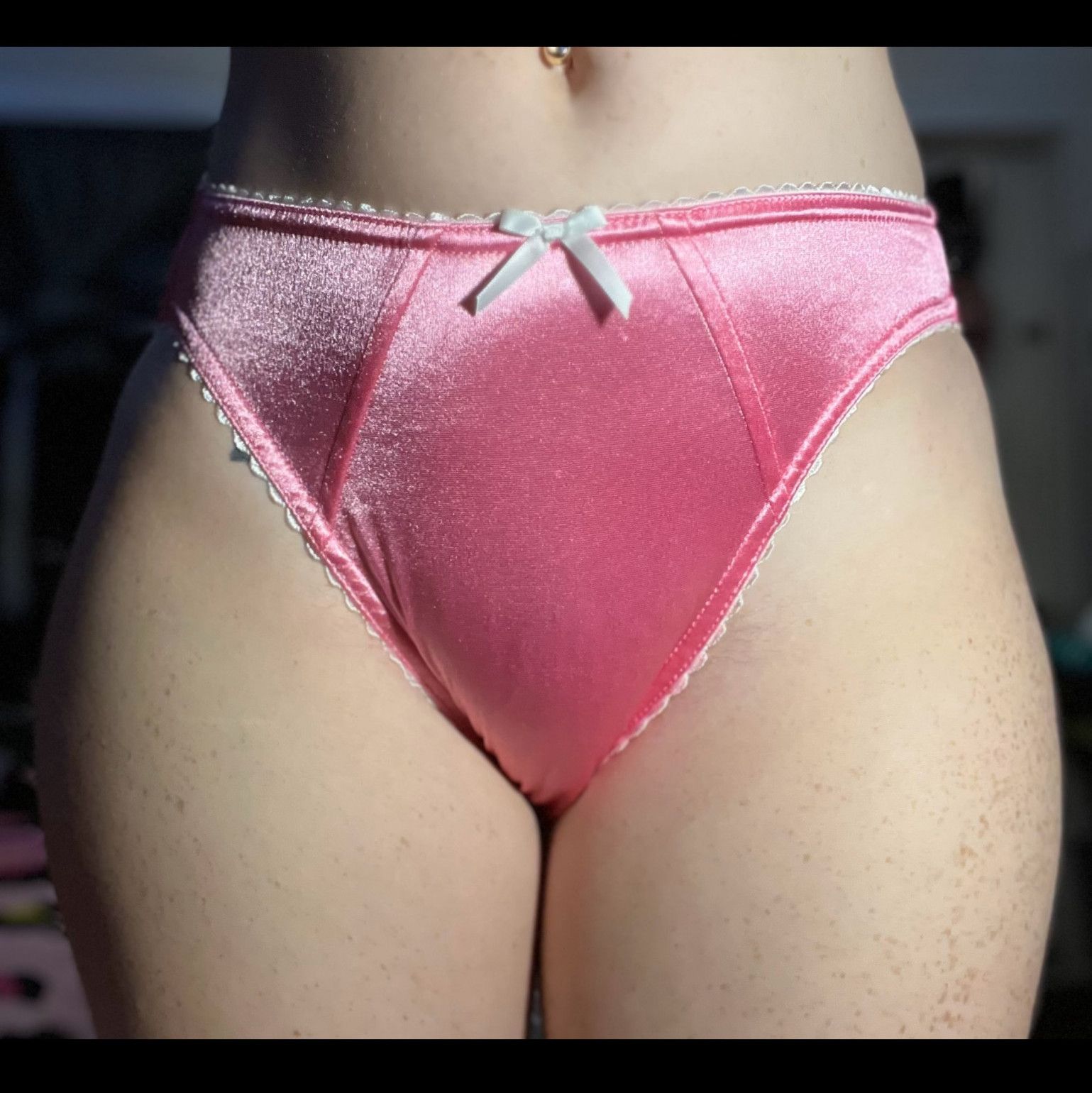 Pink Satin Panties With A White Bow And Trim