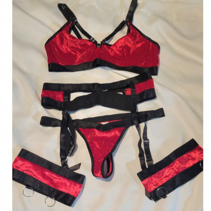 04 Red Velvet w Black trim 5 pc lingerie