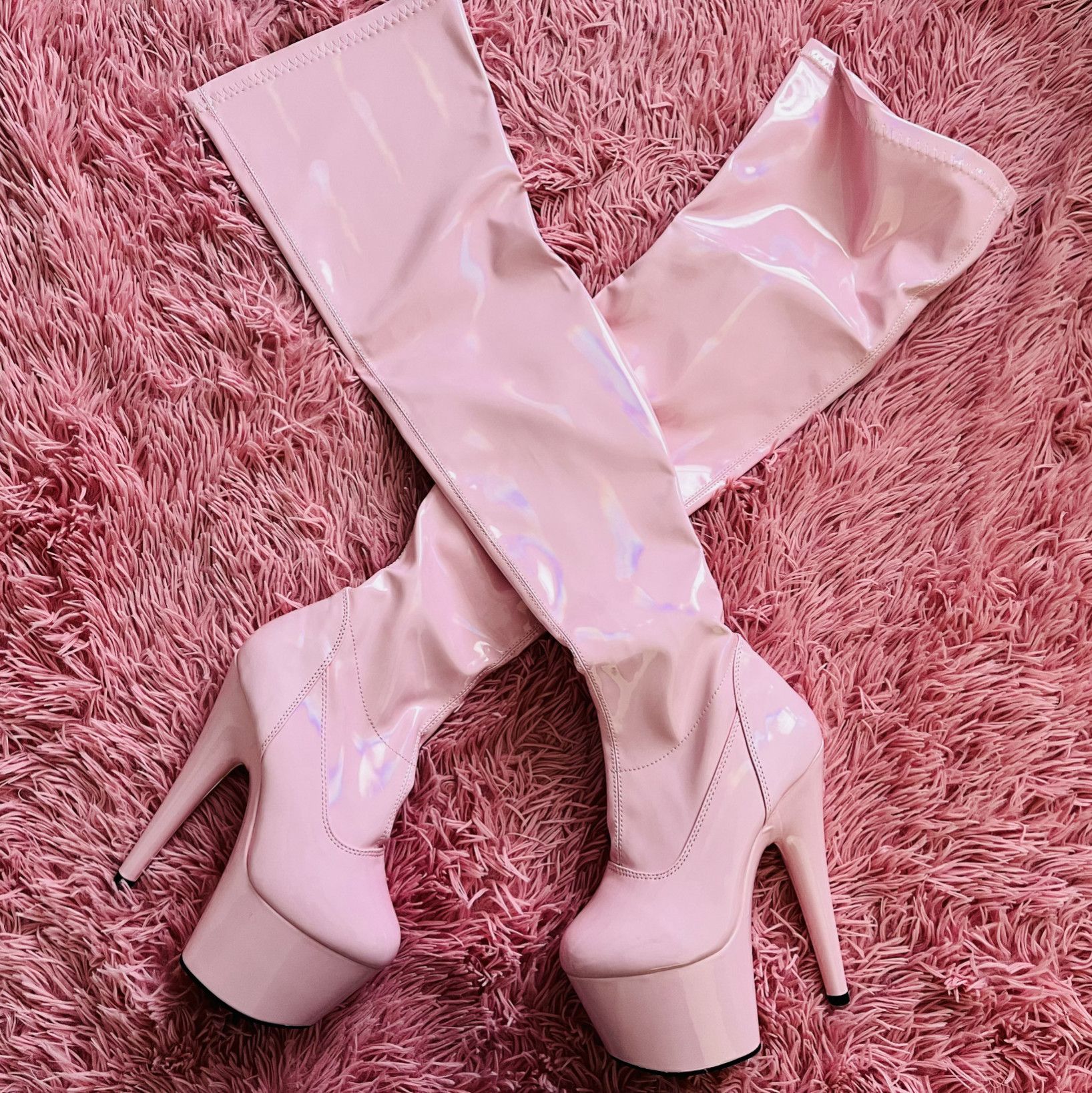 Latex Pink Thigh High Heel Boots