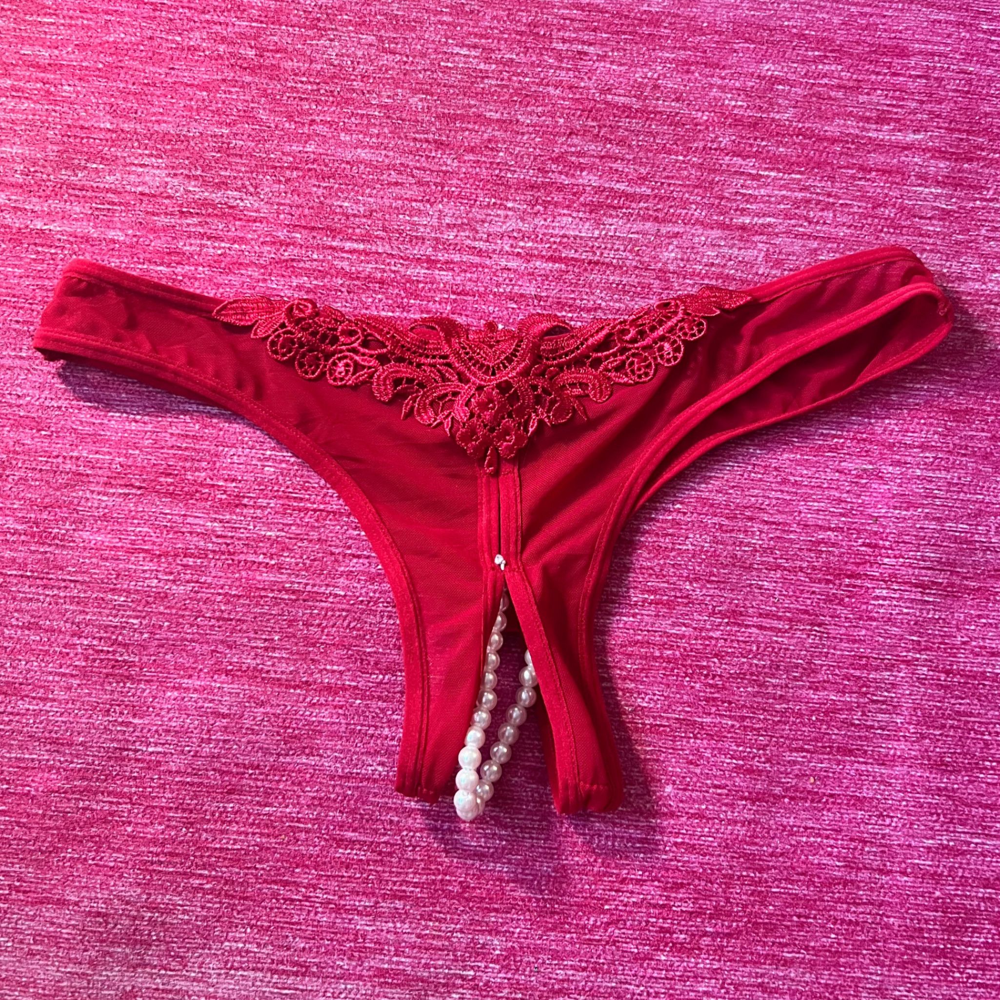 RED crotchless THONG panties with faux pearls