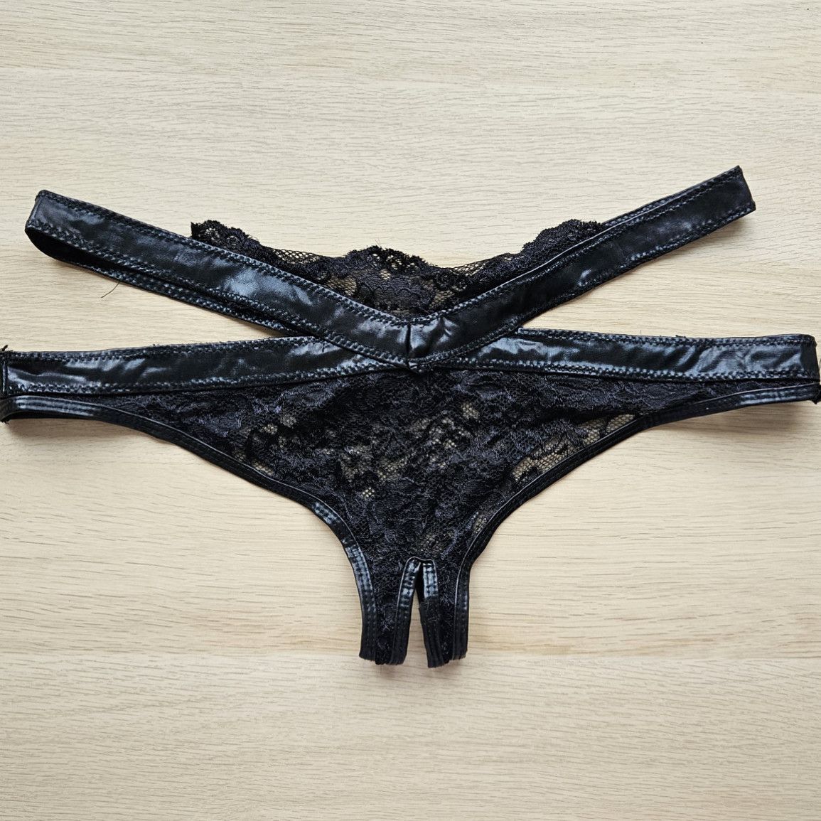 Lace and faux leather open crotch panties