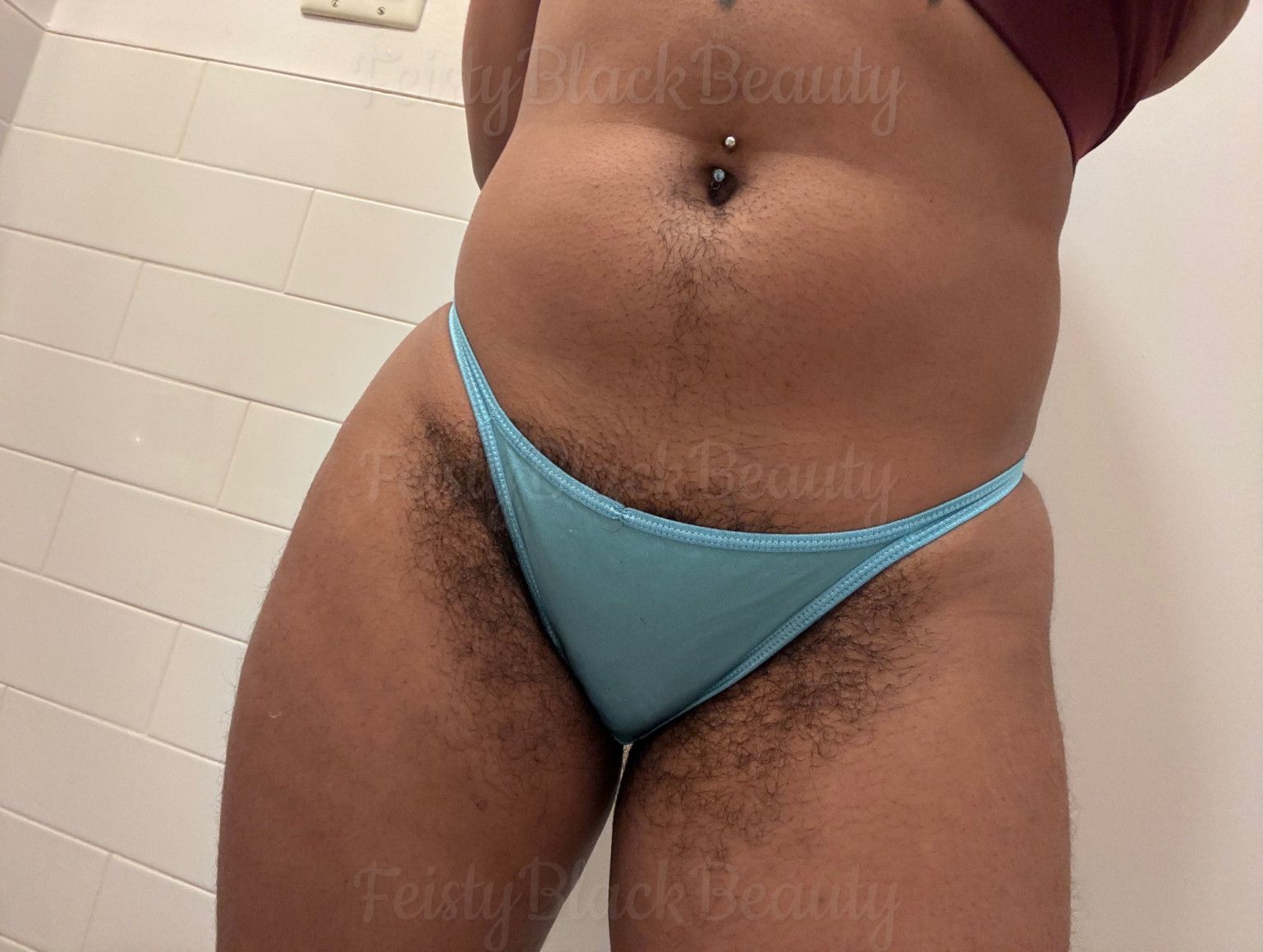 CUSTOM WEAR Sky Blue Satin Bikini Panties Ebony Hairy