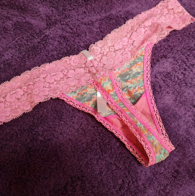 Pink and Multicoloured lacey thong STAINED