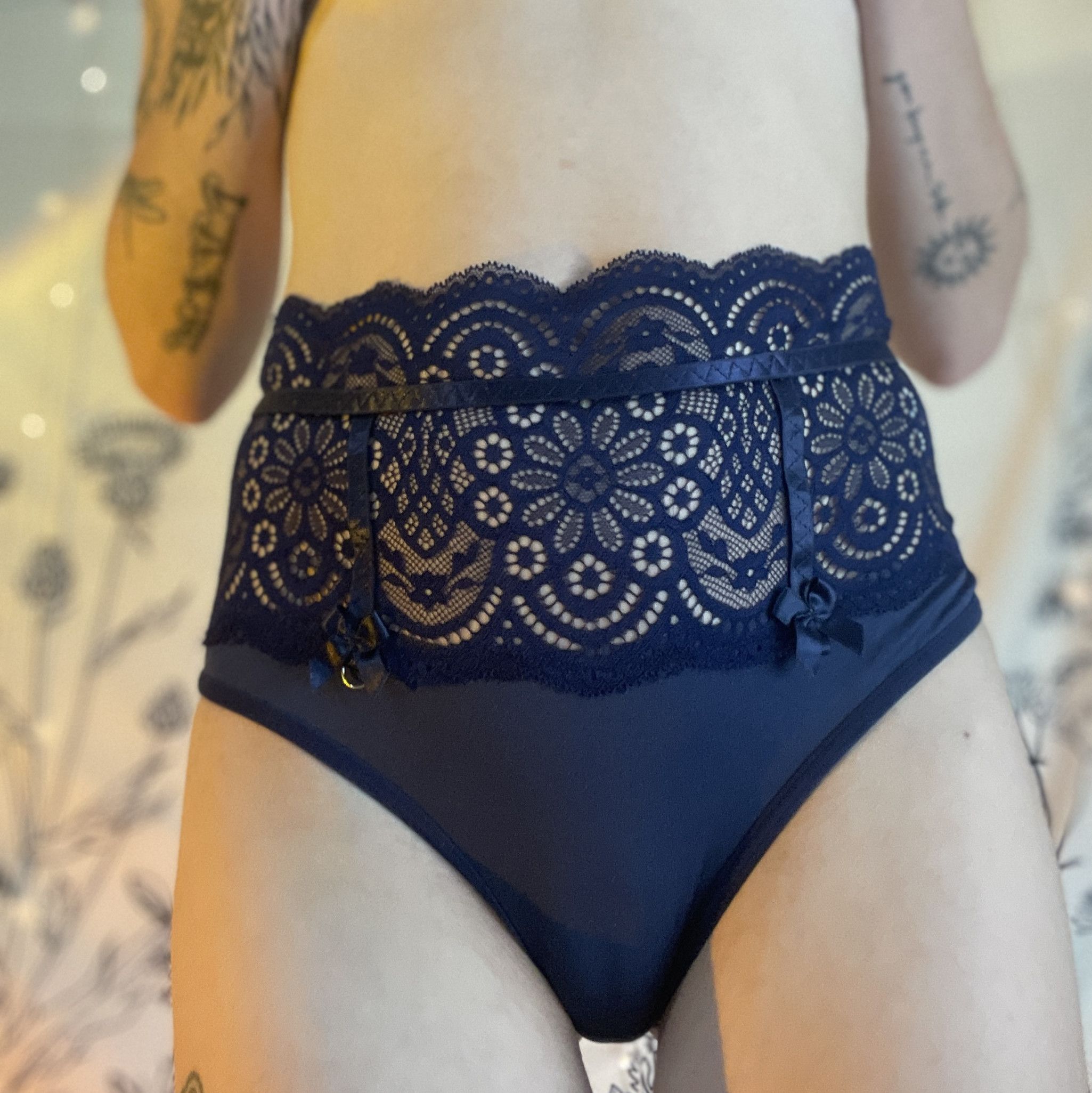 Dark Blue High Rise Lace and Satin Cheekies