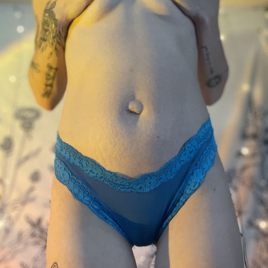 Azure Blue Sheer Thong with Lace Trim