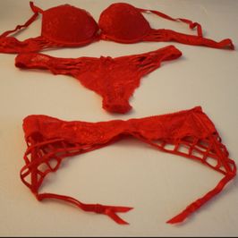 Bra and thong lingerie set and red garte