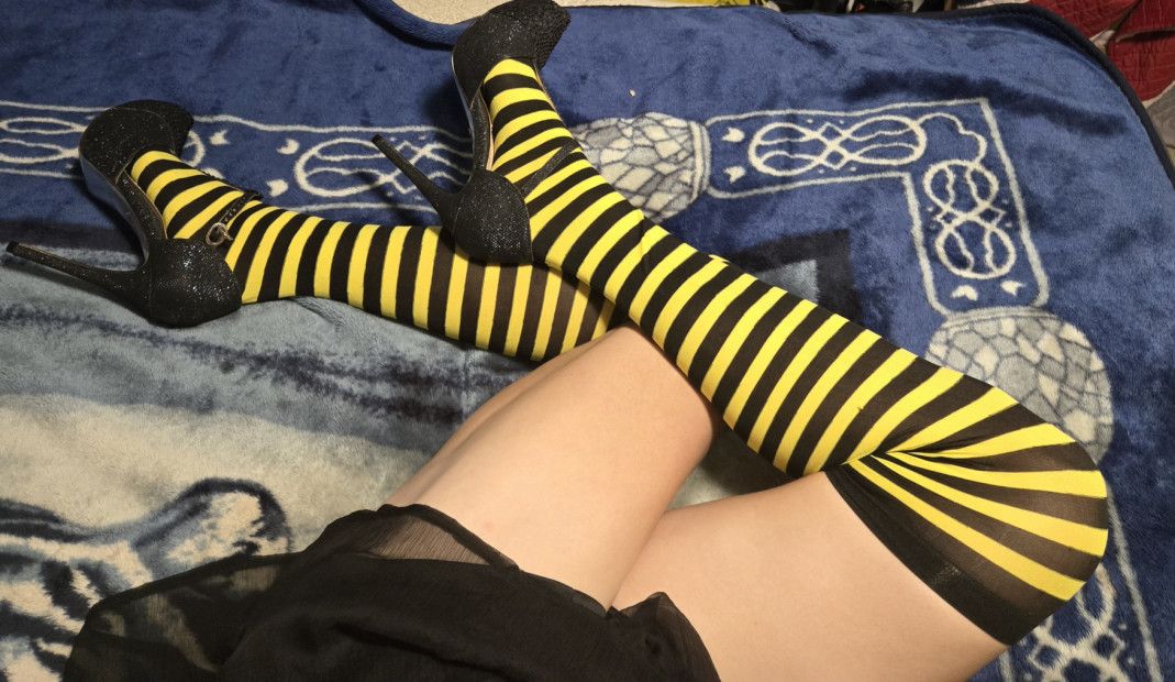 Black and yellow thigh high tights