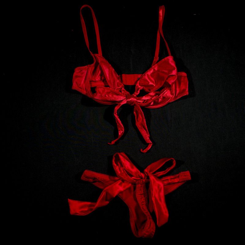 Red Satin Gift Wrap Bra and Thong set