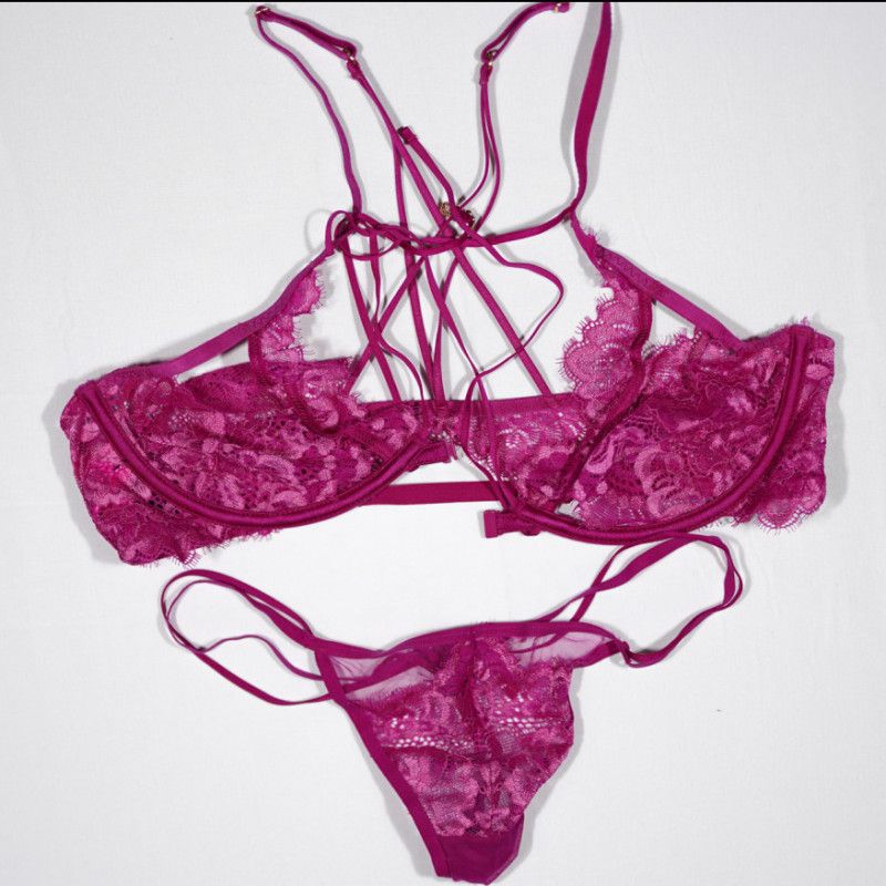 Pink lace bra and gstring set