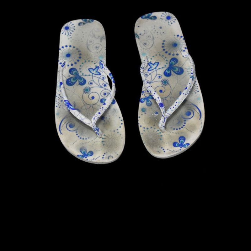 White flip flop with blue flowers