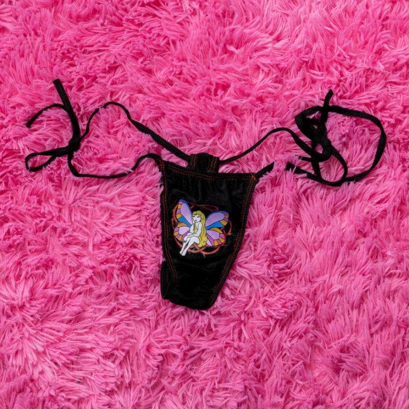 black silky thong with print