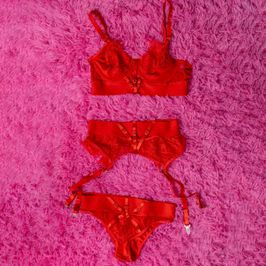 Red lace Bra panty set with garter belt