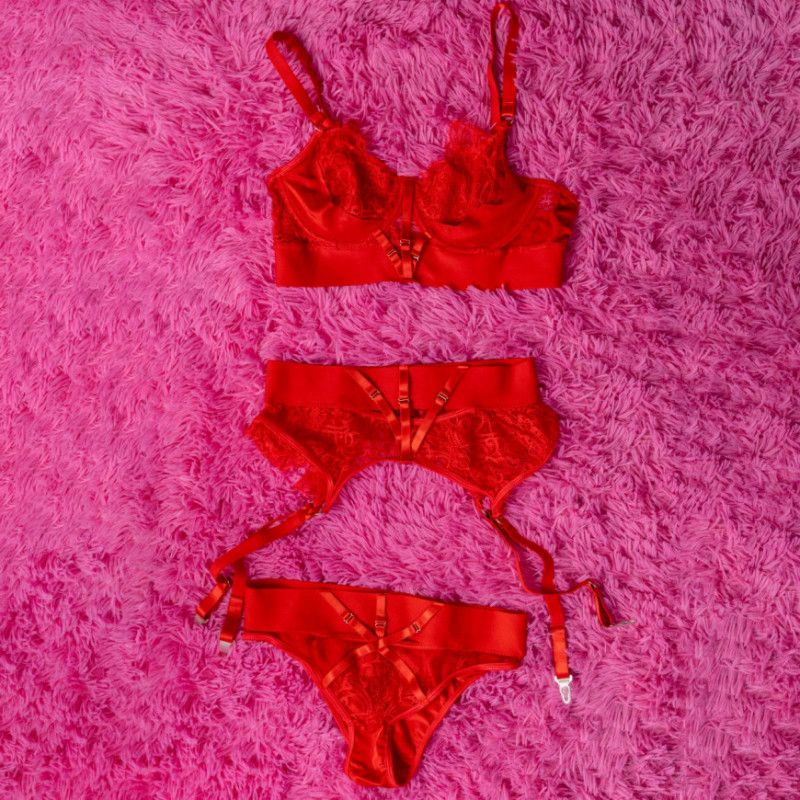 Red lace Bra panty set with garter belt