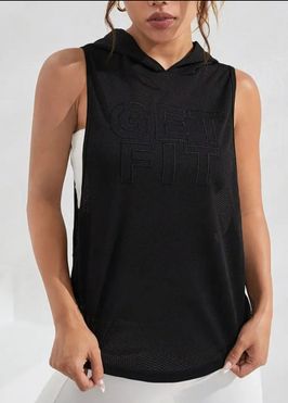 Trendy Sleeveless Lettered Textured Hoodie