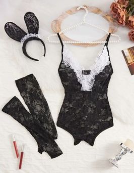 Sexy Lingerie Set Including Hairband Bodysuit and Gloves