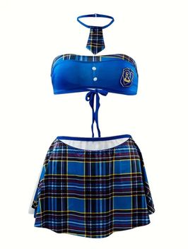 Naughty Preppy Cosplay Costume Colorblock Plaid Print Tie B