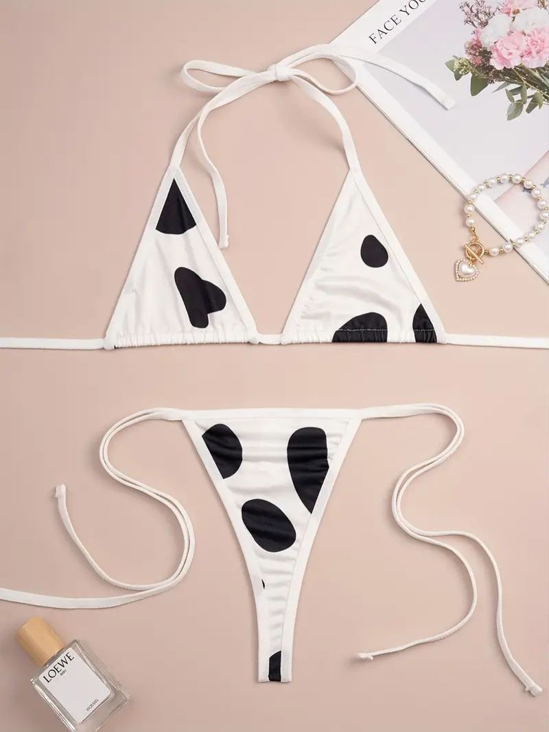 Playful Cow Print Deep V Lace Up Lingerie Set