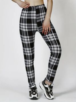 Fashionable 3pcs High Waist Plaid Workout Leggings Set