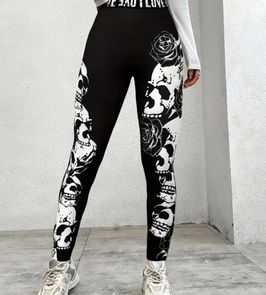 Skull Print Skinny Leggings  High Waist and Stretchy