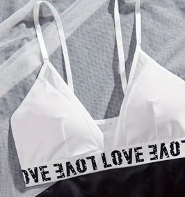 White Wireless Deep V Neck Letter Tape Bra  Thongs Lingerie