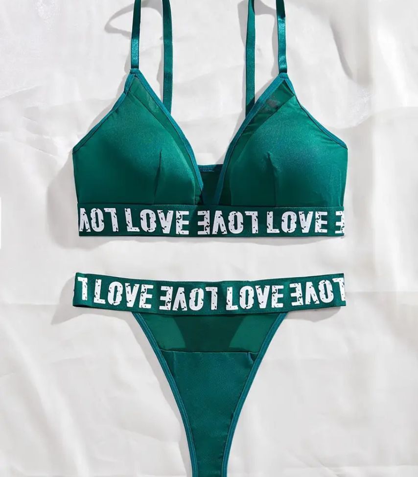 Vibrant Green Deep V Neck Bra and Thong Set with Letter Tape