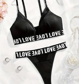 Classic Black Deep V Neck Bra and Thong Set with Letter Tape