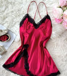 Bold Red Satin Nightdress with VNeck and Flirty LaceUp Bac