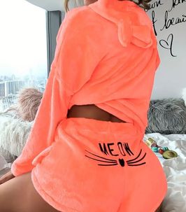 Adorable Fuzzy Two Piece Set with Hood  Meow Print Elastic