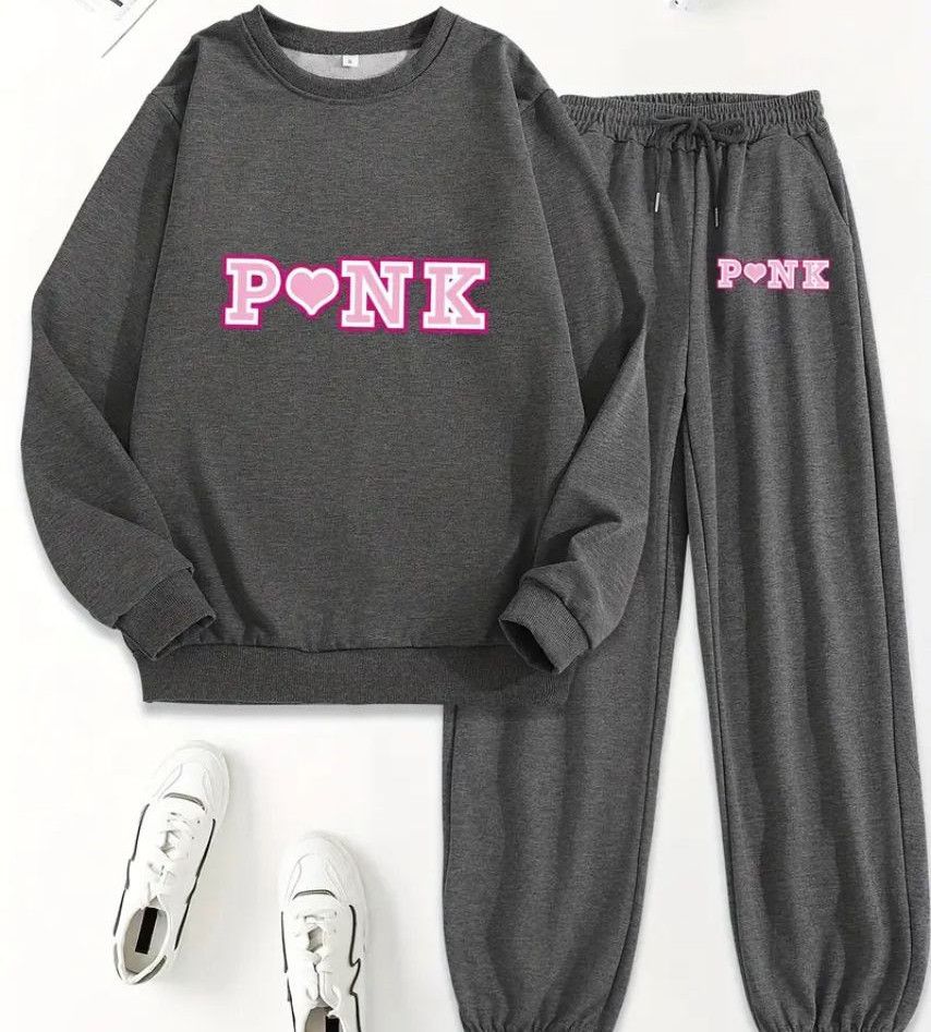 Relaxed Fit Womens Polyester Sweat Suit with PINK Letter Pr