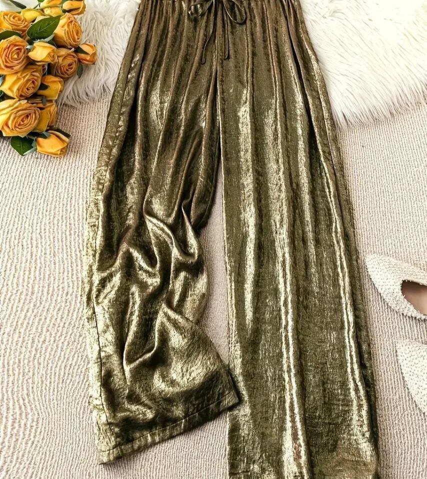 Chic Womens Golden Velvet Wide Leg Pants