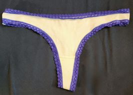 White Thong w Dark Blue Lace Trim